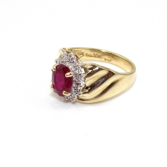 10K Yellow Gold Pink Ruby Diamond Halo Ring Size 7.25 - Picture 3 of 6